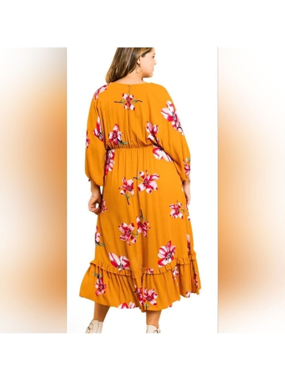 UMGEE Mustard Bohemian Ruffle Bottom Hi-Low Maxi Dress | Floral Boho Midi Dress - Picture 4 of 10